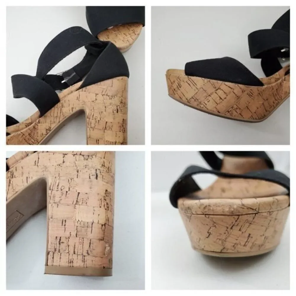 American Eagle Heels 10 Black Faux Cork Vegan Strappy Platform Tan Sandals